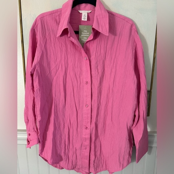 H&M Hot Pink Crinkled Chiffon Long Sleeve Button Down Shirt Size Small NWT - Picture 2 of 7